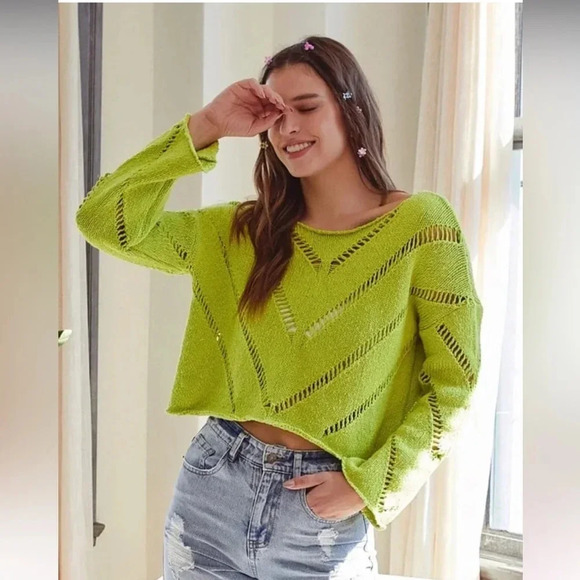 100% Cotton Boho Avocado Green Knit Sweater ⭑ Size M - Picture 3 of 14